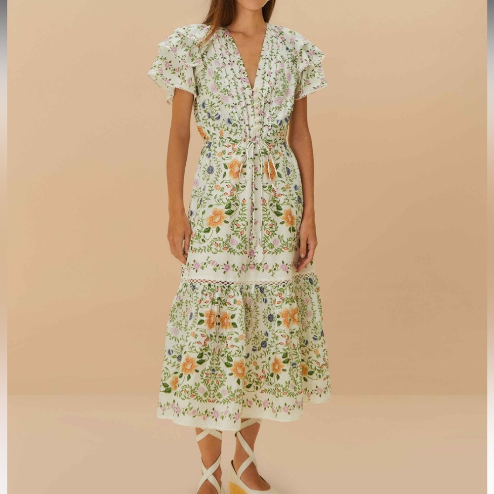 Farm Rio Off-White Folk Floral Lace Midi Dress. L. NWT. - Picture 3 of 14